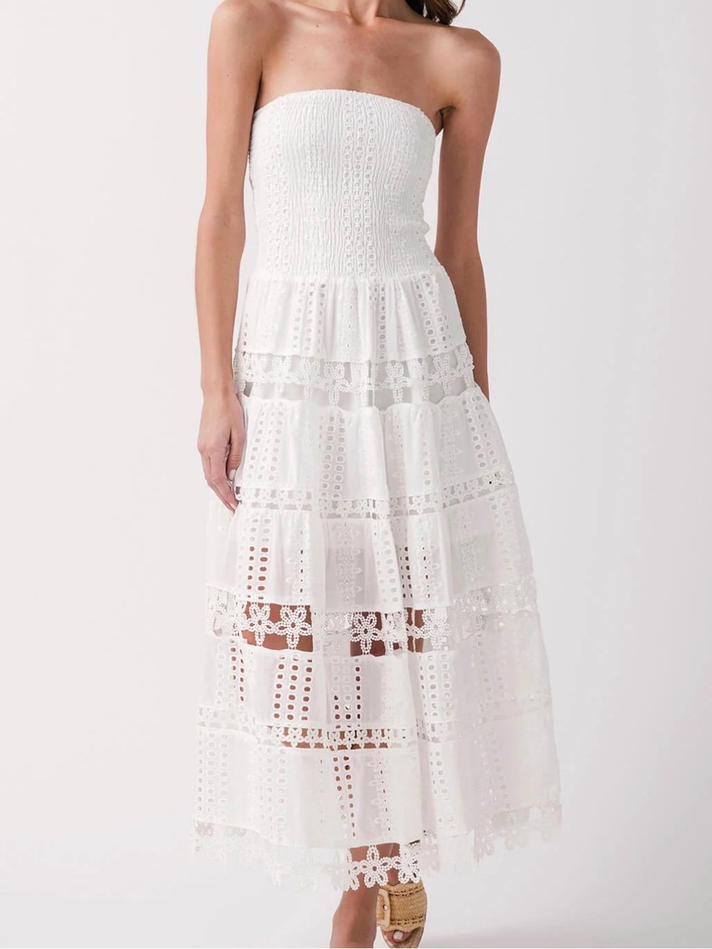 Large Strapless Strut & Bolt White Eyelet Lace Tiered Midi Dress